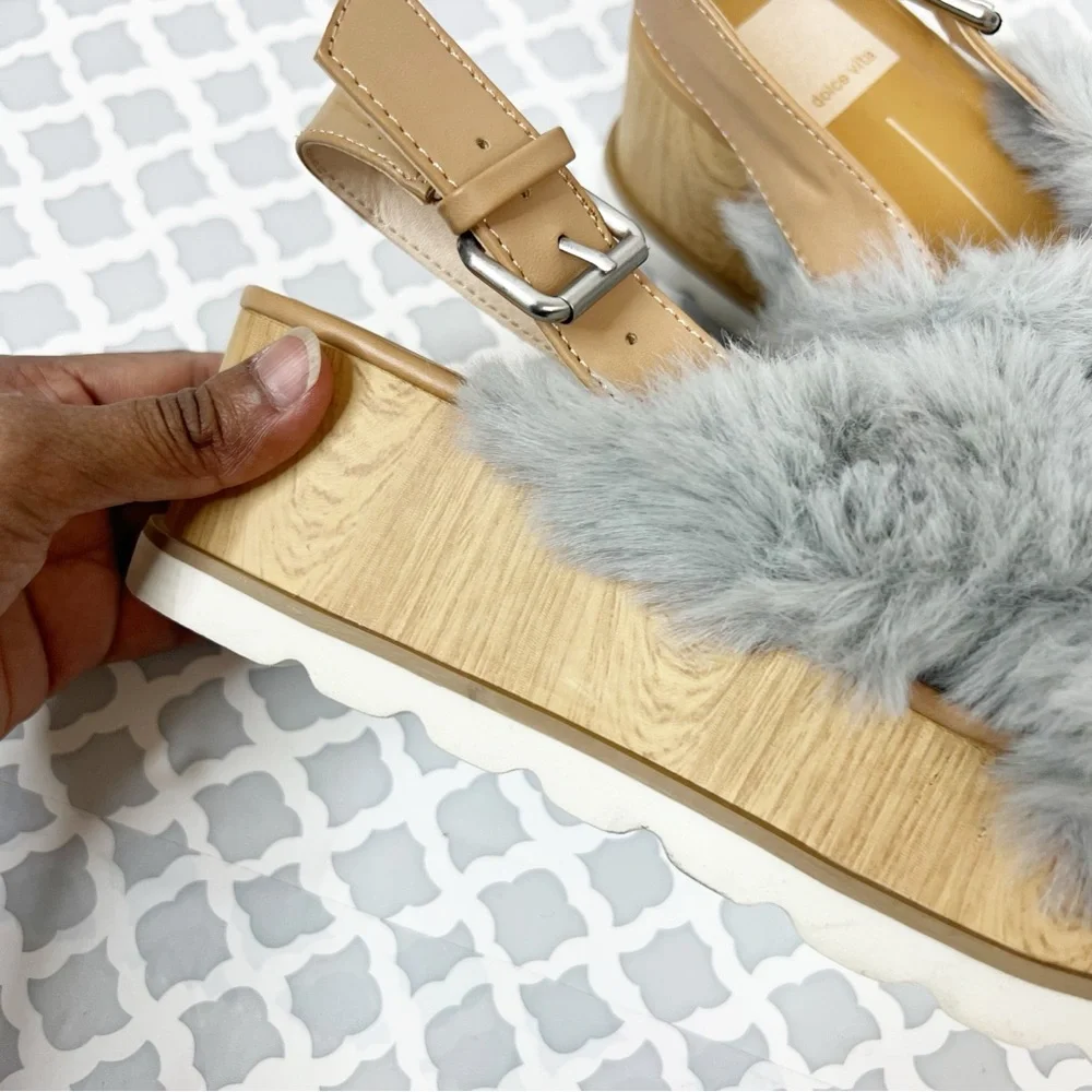 NWOB Dolce Vita Grey Faux Fur Ankle Strap Wedge Sandal